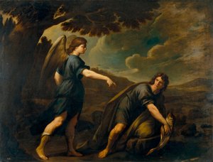Engelen og Tobias med fisken - Maleri av Andrea Vaccaro (1604-1670), olje på lerret (199,5x262 cm), ca. 1640, italiensk kunst