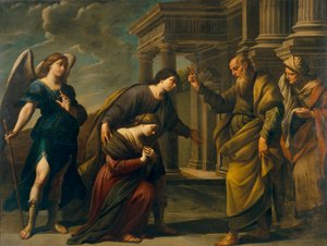 Raguel velsigner datteren sin Sarah før avreise til Ecbatane med Tobias (Raguel's Blessing of her Daughter Sarah before Leaving Ecbatana with Tobias) - Maleri av Andrea Vaccaro (1604-1670), olje på lerret (200,3x262 cm), ca. 1640, art italian århundre,