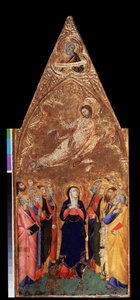 ""Kristi himmelfart"" Under, Jomfru Maria og apostlene observerer Jesus Kristus. Over, representasjon av profeten Jeremia. Tempera på tre av Andrea Vanni (1332-1414) 1355-1360 Dim. 68x28 cm Eremitagemuseet, St. Petersburg (Saint-Petersbo av Andrea Vanni