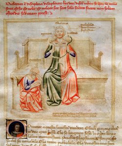 Allegorier av dialektikken i "" Chansonne des sept Vertus et des sept Arts liberales bestemt til Bruzio Visconti "(Sangen om dyder og vitenskaper) av Bartolomeo di Bartoli. Akvarell av Andrea di Bartoli (aktiv mellom 1358 og 1368) (ms. 599, fo