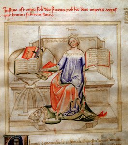 Allegories of Justice i "" Chansonne des sept Vertus et des sept Arts liberales bestemt til Bruzio Visconti "" (Sangen om dyder og vitenskaper) av Bartolomeo di Bartoli. Akvarell av Andrea di Bartoli (aktiv mellom 1358 og 1368) (ms. 599, fol.