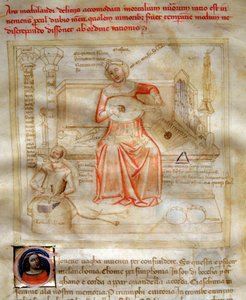 Allegorier av musikken i "" Chansonne des sept Vertus et des sept Arts liberales destinee à Bruzio Visconti "(The Song of Virtues and Sciences) av Bartolomeo di Bartoli. Akvarell av Andrea di Bartoli (aktiv mellom 1358 og 1368) (ms. 599, fol.
