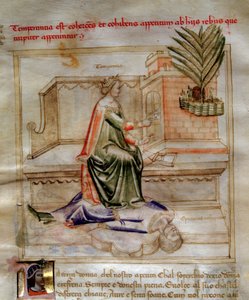 Allegorier of Temperance i "" Chansonne des sept virtues et des sept arts liberoux destinee a Bruzio Visconti "(The Song of Virtues and Sciences) av Bartolomeo di Bartoli. Akvarell av Andrea di Bartoli (aktiv mellom 1358 og 1368) (ms. 599, f