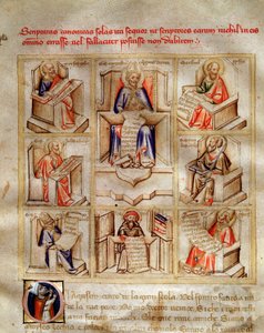 Representasjon av legene i kirken: Saint John, Saint Ambrose of Milano, Saint Jerome, Saint Gregoire the Great og Saint Paul i "" Song of the Seven Vertus and the Seven Liberal Arts destinee for Bruzio Visconti""" (La Canzone delle) Virtu og dell av Andrea de Bartoli
