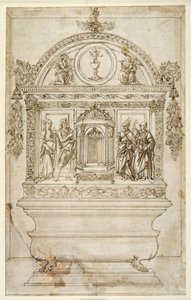 Design for alteret til et kapell, med et tabernakel for eukaristien (penn og brunt blekk med brun vask på hvitt papir) av Andrea del (follower of) Verrocchio