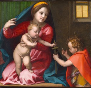 Madonna og barn med døperen Johannes, cirka 1528 (olje på panel) av Andrea del Sarto