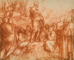 Døperen Johannes forkynner for folkemengden, forberedende studie til fresken i Chiostro dello Scalzo, tegning av Andrea del Sarto. Kabinett for tegninger og trykk, Uffizi Gallery, Flor av Andrea del Sarto