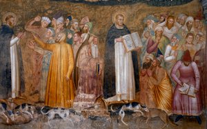 Triumf for den militante kirken: Thomas Aquinas før kjettere og nedre høyre, Fra Dolcino rev den offisielle læren om kirken. Chapel of the Spagniards (Detalj av fresken, 1365)