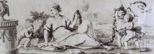 Kvinnefigur med putti, allegorisk komposisjon, ca 1754, design av Andrea Appiani (1754-1817) for kommode-byrå av Giuseppe Maggiolini, Italia av Andrea the Elder Appiani