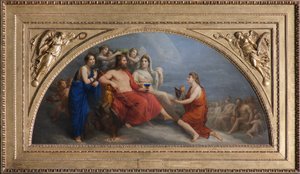 Olympus (Jupiter, kronet med myrthe av timene, tilbyr en globet til Ganymedes som skal serveres nektar)