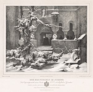 Kirkegård med snø, ca. 1835. av Andreas Borum