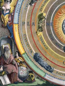 En astronom, detalj fra et kart over planetene, fra puben "The Celestial Atlas, or The Harmony of the Universe" (Atlas coelestis seu harmonia macrocosmica). av Joannes Janssonius, Amsterdam av Andreas Cellarius