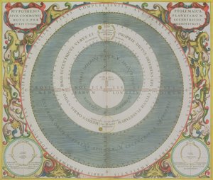Ptolemaic System, fra "The Celestial Atlas, or The Harmony of the Universe" (Atlas coelestis seu harmonia macrocosmica) pub. av Joannes Janssonius, Amsterdam, 1660-61 (håndfarget gravering) av Andreas Cellarius