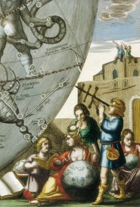 Forskere (astrologer og astronomer) som studerer jordkloder og himmelkartet, detalj fra Atlas Coelestis seu Harmonia Macrocosmica av Andreas Cellarius (1596-1665) av Andreas Cellarius