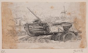 Vignetten. Fiskebåt trukket i land av Andreas Flinch