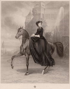 Rytterportrett av Elizabeth av Bayern (1837-1898) (keiserinne av Østerrike, ofte kjent som Sissi). Verk av Andreas Johann Fleischmann (1811-1878), gravering på kobber av Andreas Johann Fleischmann