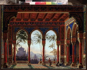 Scenografi for operaen Ruslan og Lyudmila av M Glinka - Maleri av Andreas Leonhard Roller (1805-1891), olje på lerret