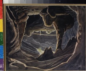 Cave - Forberedende dekor for operaen "Rouslan og Lyudmila" av Mikhail Glinka (1804-1857) (Scenedesign for operaen Ruslan og Lyudmila av M Glinka) Verk av Andreas Leonhard Roller (1805-1891), akvarell og gouache på papir