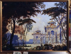 Palace - Forberedende dekor for operaen "Rouslan og Lyudmila" av Mikhail Glinka (1804-1857) - Scenografi for operaen Ruslan og Lyudmila av M Glinka - Verk av Andreas Leonhard Roller (1805-1891), akvarell og gouache på papir