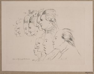 10 portretter: Enevold Brandt, Johann Friedrich Struensee, Caroline Mathilde, Julieane Marie, Arveprins Frederik, Christian VII, Marie Jeanne Clemens, J. F. Clemens, Jens Juel og Nicolai Abildgaard