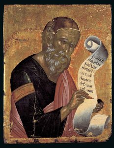 St. Johannes teologen, skriver sine åpenbaringer på en åpen rulle (eggtempera på panel) av Andreas Rico