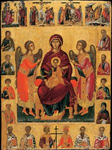 Jomfruen og barnet på tronen (med to engler er scenen innrammet av skikkelsene til evangelistene og helgenene, overvunnet av scenene fra lidenskapen og nedenfor, kirkens patriarker) (Jomfruen og barnet på tronen) - Ikon av Andreas