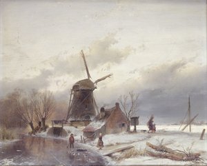 Et frossent elvelandskap med en vindmølle av Andreas Schelfhout
