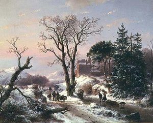 Et skogkledd elvelandskap med bønder på en sti, og et slott bortenfor av Andreas Schelfhout