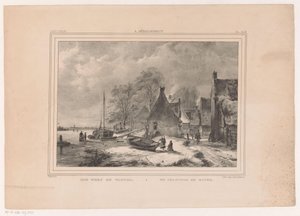 Frossen elv nær landsbyen En hage om vinteren / Un chantier en hiver (tittel på objekt) av Andreas Schelfhout
