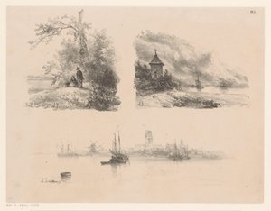 Figurer i en skog, en elv langs en fjellkyst og båter på vannet av Andreas Schelfhout