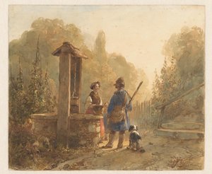 Jeger snakker med en bondekone ved en brønn, ved siden av ham en hund av Andreas Schelfhout
