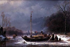 Bønder ved en båt på en frossen elv (olje på lerret)