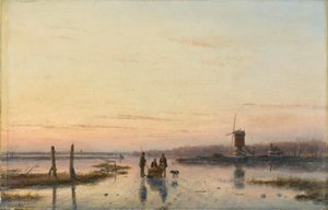 Vindmølle ved siden av en frossen elv av Andreas Schelfhout