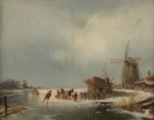 Vinterlandskap med skøyteløpere av Andreas Schelfhout