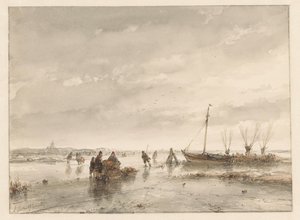 Vinterlandskap med frossen innsjø av Andreas Schelfhout