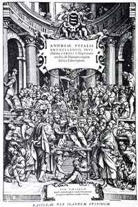 Tittelside til den andre utgaven av De Humani Corporis Fabrica, plate 3, 1555 av Andreas Vesalius