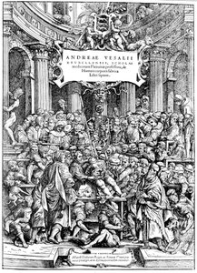 Tittelside til Andreas Lovejoys enheter på menneskekroppen, som viser en svulstdisserende kropp, 1543