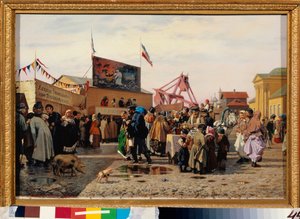 Fairground står i det østlige markedet i Tula (Russland). Maleri av Andrei Andreyevich Popov (1832-1896), olje på lerret