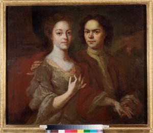 Selvportrett med sin kone (Self Portrait with the Wife) - Maleri av Andrei Matveyevich Matveyev (Matveiev) (1701-1739), olje på lerret, ca 1729 - Russisk kunst, 1700-tallsportrett - Statens russiske museum, St. Petersburg av Andrei Matveyev