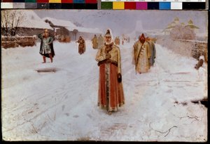 søndag (søndag). Om vinteren, på en snødekt vei i Storhertugdømmet Moskva, i de urolige tidene (1500-1600-tallet) i det gamle Russland, vender Boyars (brett, boiars), menn og kvinner, i tradisjonelle kostymer, tilbake fra kirken. Andres maleri av Andrei Petrovich Ryabushkin