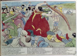 The Maid Beat the Novgorodians (Maid beat the Novgorodians). Illustrasjon av en tradisjonell fortelling fra mytologi, med en heltinne som forsvarer det russiske folkets frihet og uavhengighet. Verk av Andrei Petrovich Ryabushkin (Riabutchkin) (1801- av Andrei Petrovich Ryabushkin
