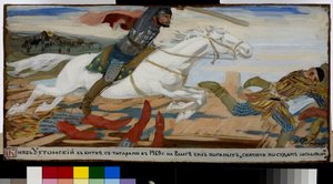 Prins Vasilij Ukhtomsky har kampen mot tartarene (tatarene) på Volga i 1469. (Prins Ukhtomsky i slaget med tartarene ved Volga i 1469). Verk av Andrei Petrovich Ryabushkin (Riaboutchkine) (1861-1904), gouache på papir av Andrei Petrovich Ryabushkin