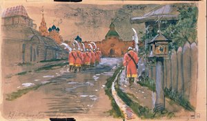 Gatepatrulje ved Ilyinsky-porten i Gamle Moskva. Verk av Andrei Petrovich Ryabushkin (Riaboutchkine) (1861-1904), akvarell på papir av Andrei Petrovich Ryabushkin