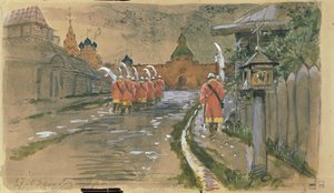 Strelets patrulje ved Ilyinsky-portene i Gamle Moskva, 1897 av Andrei Petrovich Ryabushkin
