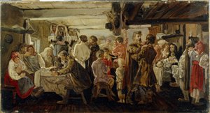 Et bondebryllup i Tambov-regionen (Russland). (Bøndebryllup i Tambov-regionen). Maleri av Andrei Petrovich Ryabushkin (Riaboutchkine) (1861-1904), olje på lerret, ca 1880. Russisk kunst fra 1800-tallet. Statens Tretyakov-galleri, Moskva. av Andrei Petrovich Ryabushkin
