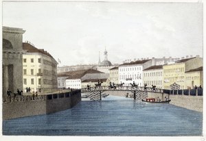 Le pont Bolshoi Koniushennyi i St. Petersburg. (Bolshoi Koniushennyi-broen i St. Petersburg). Lithographie et aquarelle av Andrei Yefimovich Martynov (1768–1826)