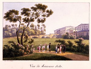 ""Utsikt over Cameron Gallery i parken i Tsarskoye Selo"" av Andrei Yefimovich Martynov (1768-1826), Penn, pensel, akvarell, blekk og hvit farge på papir før 1817-State Tretyakov Gallery, Moskva av Andrei Yefimovich Martynov