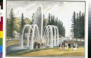 Utsikt over Samson-fontenen i de øvre hagene i Peterhof i Russland (Samson-fontenen i de øvre hagene i Peterhof). Litografi og akvarell av Andrei Yefimovich Martynov (1768-1826)