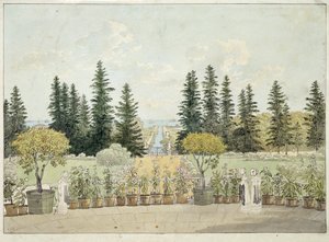Utsikt fra terrassen til Oranienbaum-palasset i Lomonosov, St. Petersburg-byområdet (Utsikt fra terrassen til det store Oranienbaum-palasset). Verk av Andrei Yefimovich Martynov (1768-1826), akvarell på papir av Andrei Yefimovich Martynov