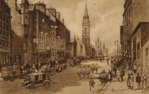 Edinburgh: High Street, med utsikt mot Tron Church og St Giles Cathedral (litho)